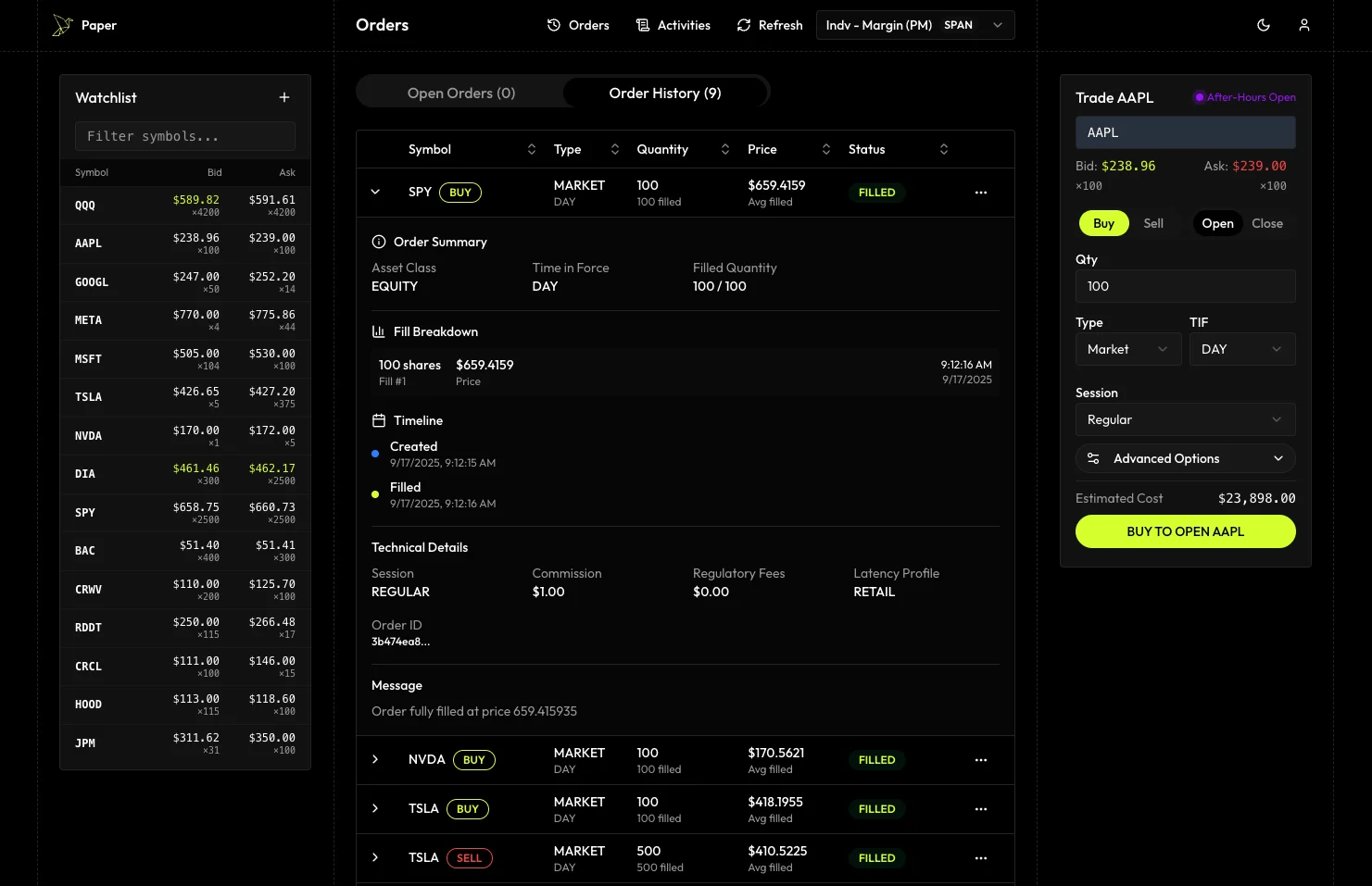 Orders — order details, fills timeline, and status